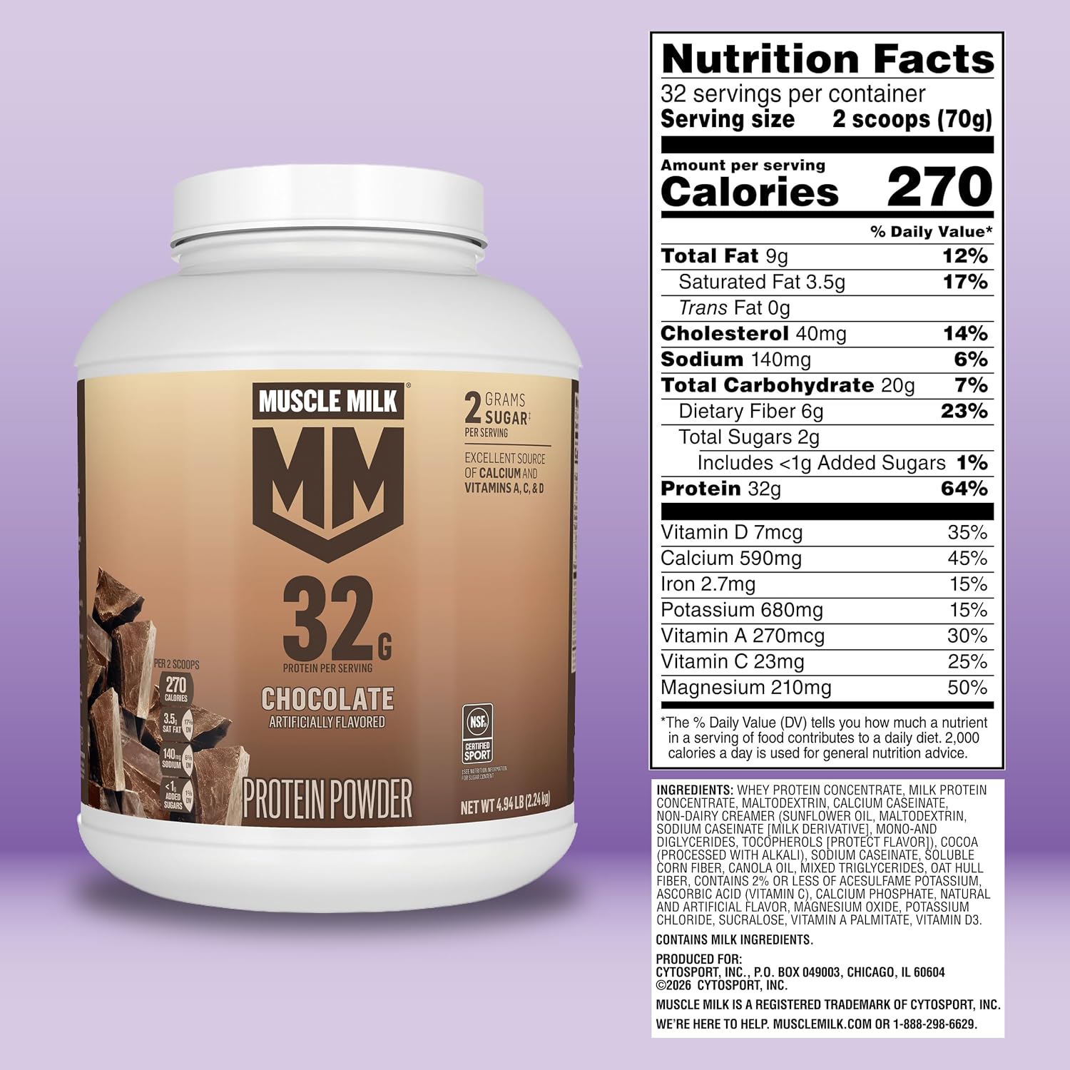 Muscle Milk Genuine Protein Powder, Chocolate, 4.94 Pound, 32 Servings, 32g Protein, 2g Sugar, Calcium, Vitamins A, C & D, NSF Certified for Sport, Energizing Snack, Packaging May Vary