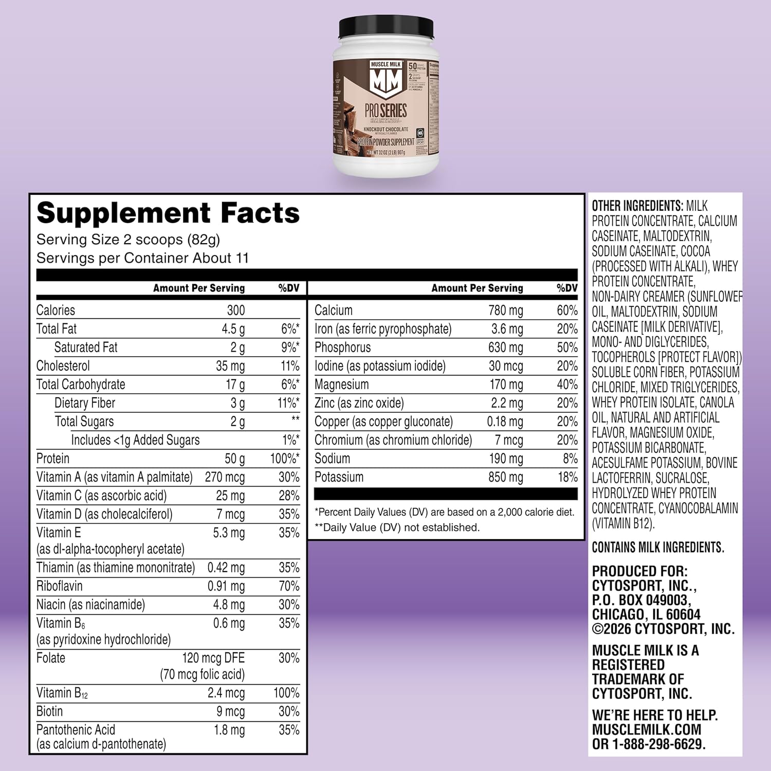 Muscle Milk Pro Series Protein Powder Supplement,Knockout Chocolate,2 Pound,11 Servings,50g Protein,3g Sugar,20 Vitamins & Minerals,NSF Certified for Sport,Workout Recovery,Packaging May Vary