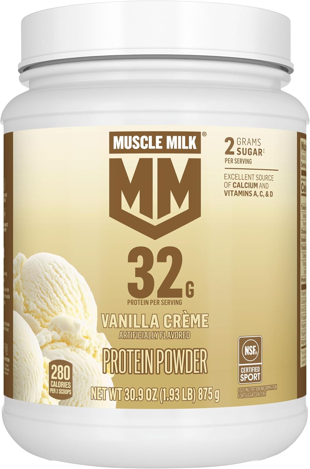 Muscle Milk Genuine Protein Powder, Vanilla Crème, 1.93 Pounds, 12 Servings, 32g Protein, 2g Sugar, Calcium, Vitamins A, C & D, NSF Certified for Sport, Energizing Snack, Packaging May Vary