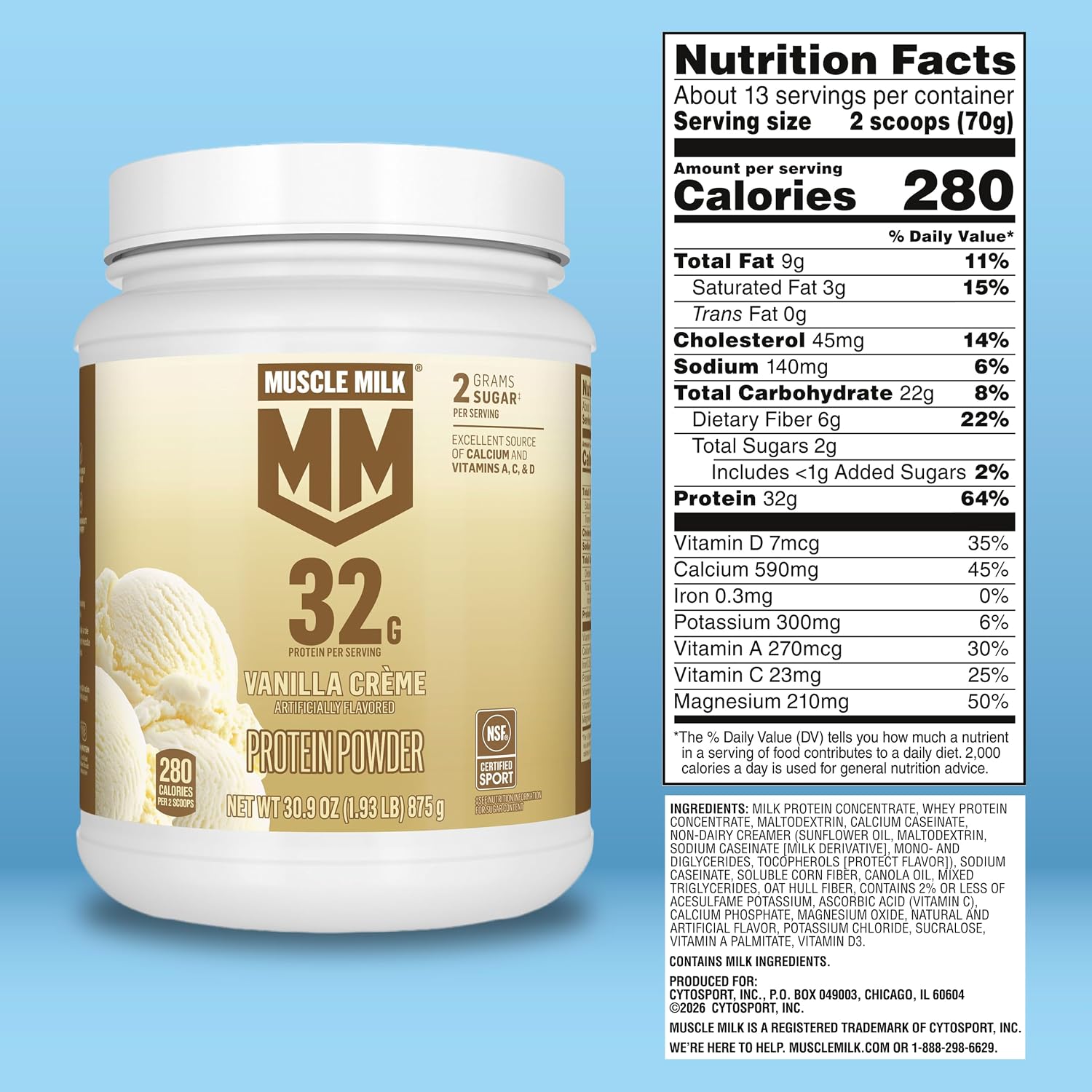 Muscle Milk Genuine Protein Powder, Vanilla Crème, 1.93 Pounds, 12 Servings, 32g Protein, 2g Sugar, Calcium, Vitamins A, C & D, NSF Certified for Sport, Energizing Snack, Packaging May Vary
