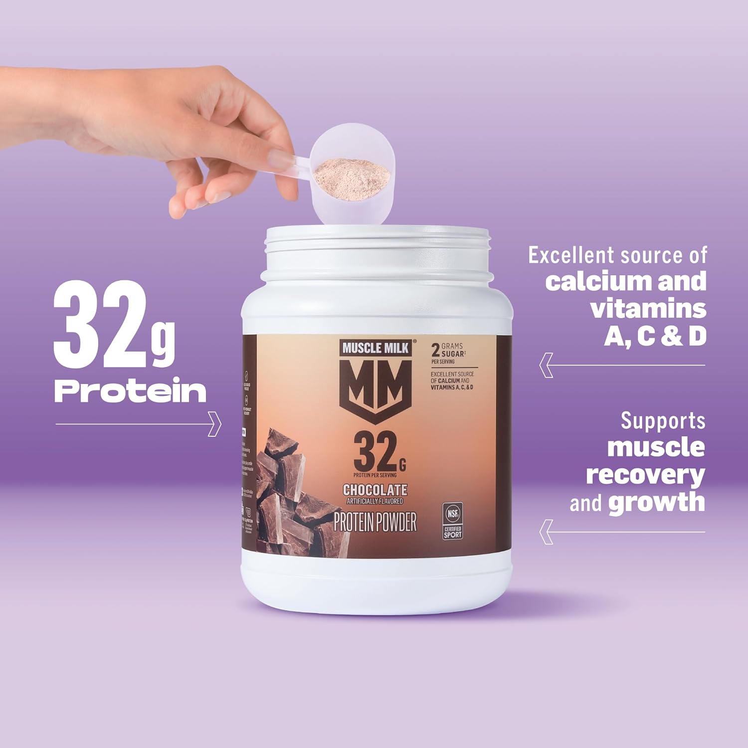 Muscle Milk Genuine Protein Powder, Vanilla Crème, 1.93 Pounds, 12 Servings, 32g Protein, 2g Sugar, Calcium, Vitamins A, C & D, NSF Certified for Sport, Energizing Snack, Packaging May Vary