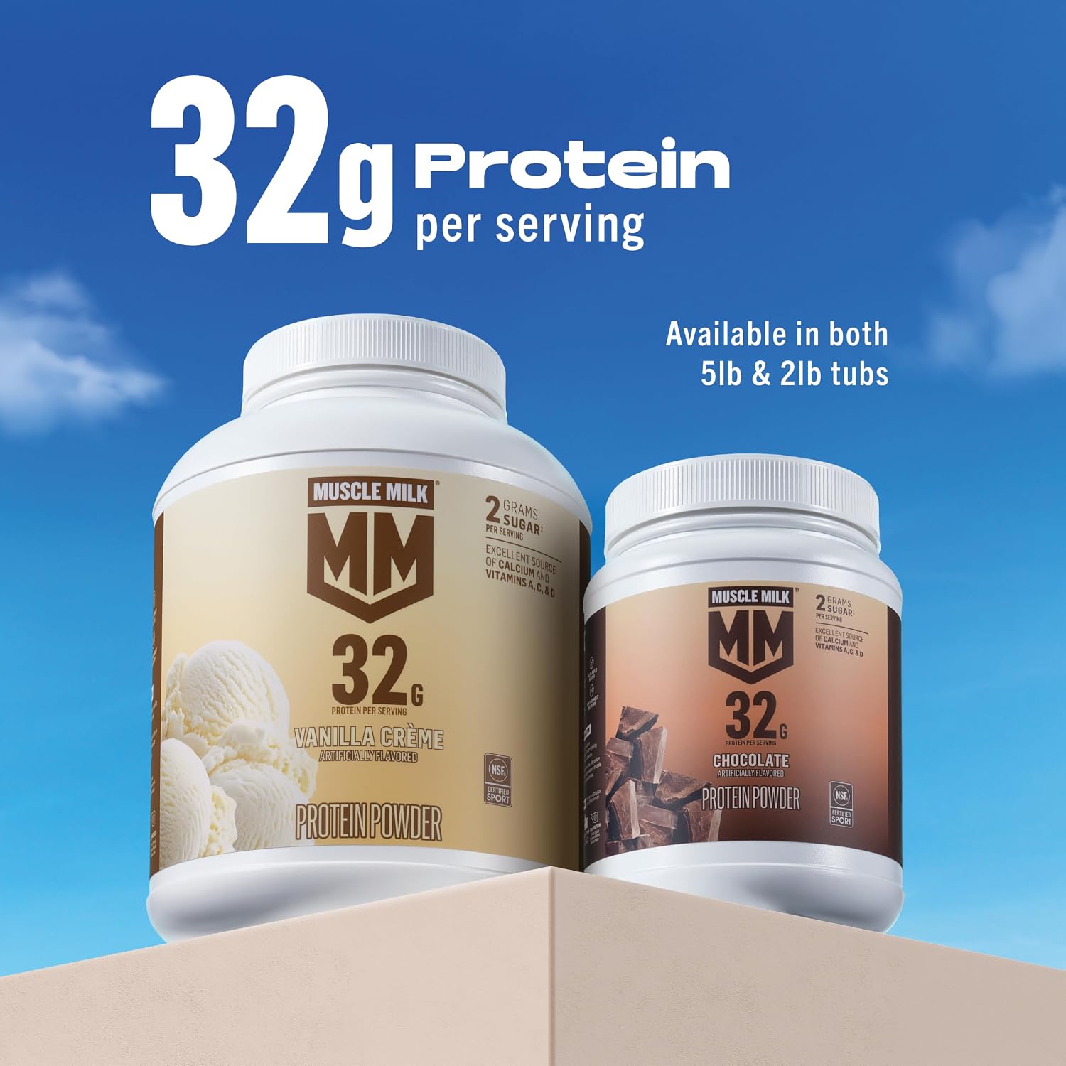 Muscle Milk Genuine Protein Powder, Vanilla Crème, 1.93 Pounds, 12 Servings, 32g Protein, 2g Sugar, Calcium, Vitamins A, C & D, NSF Certified for Sport, Energizing Snack, Packaging May Vary