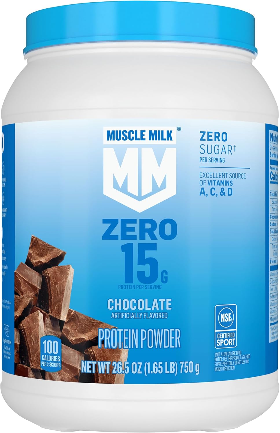 Muscle Milk ZERO, 100 Calorie Protein Powder, Chocolate, 15g Protein, 1.65 Pound, 25 Servings