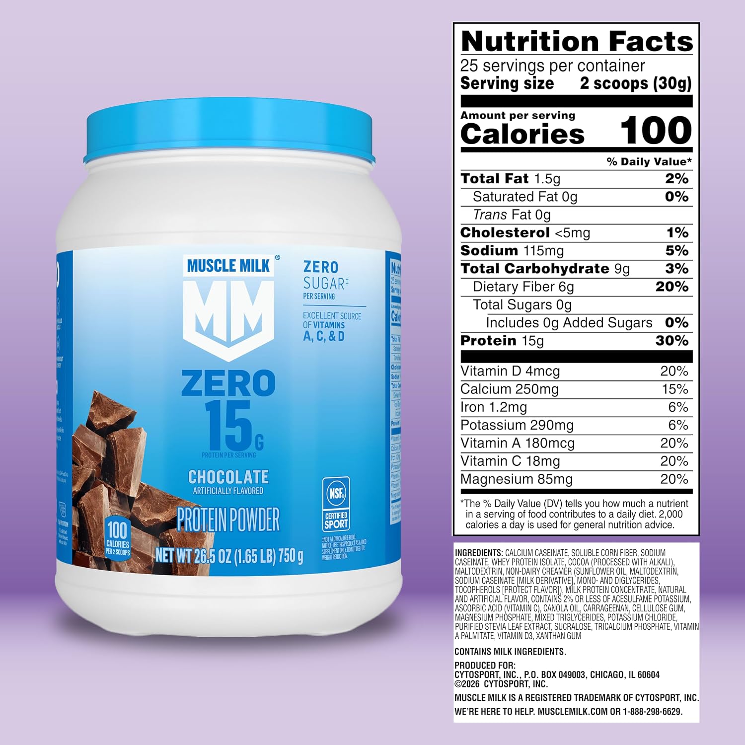 Muscle Milk ZERO, 100 Calorie Protein Powder, Chocolate, 15g Protein, 1.65 Pound, 25 Servings