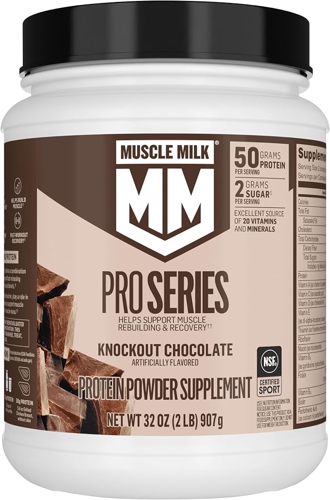 Muscle Milk Pro Series Protein Powder Supplement,Knockout Chocolate,2 Pound,11 Servings,50g Protein,3g Sugar,20 Vitamins & Minerals,NSF Certified for Sport,Workout Recovery,Packaging May Vary