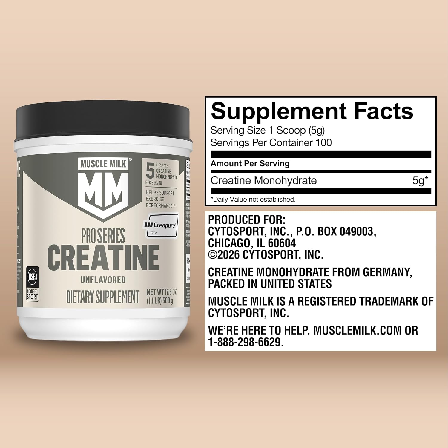 Muscle Milk Pro Series Creatine Powder Supplement, Unflavored, 1.1 Pound, 100 Servings, 5g Creatine Monohydrate, NSF Certified for Sport, Packaging May Vary