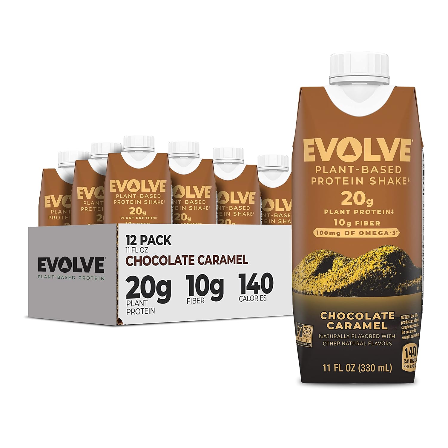 Evolve Plant Based Protein Shake, Chocolate Caramel, 20g Vegan Protein, Dairy Free, No Artificial Sweeteners, Non-GMO, 10g Fiber, 11oz, (12 Pack)
