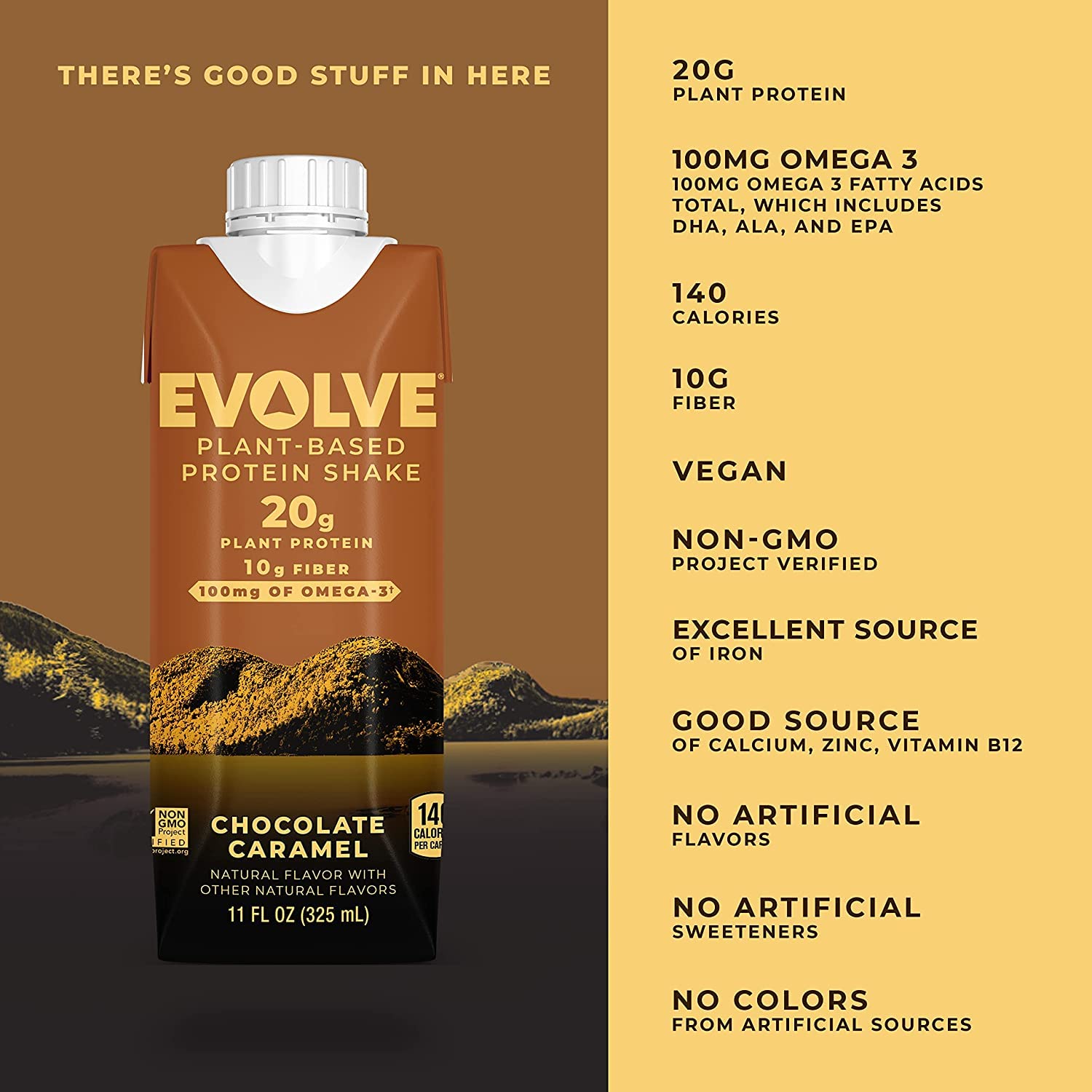 Evolve Plant Based Protein Shake, Chocolate Caramel, 20g Vegan Protein, Dairy Free, No Artificial Sweeteners, Non-GMO, 10g Fiber, 11oz, (12 Pack)