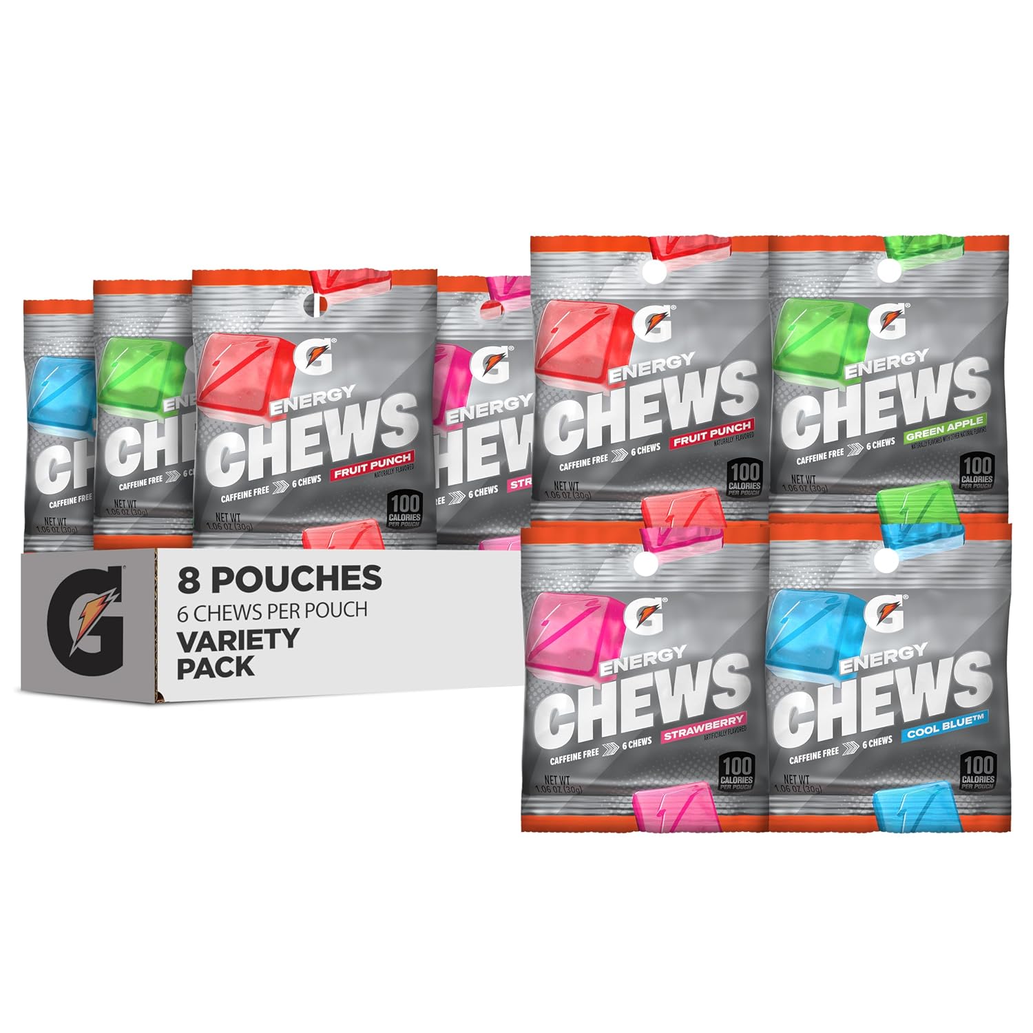 Gatorade Energy Chews, 4 Flavor Variety Pack, 1.06 oz Pouches, (8 Pack)