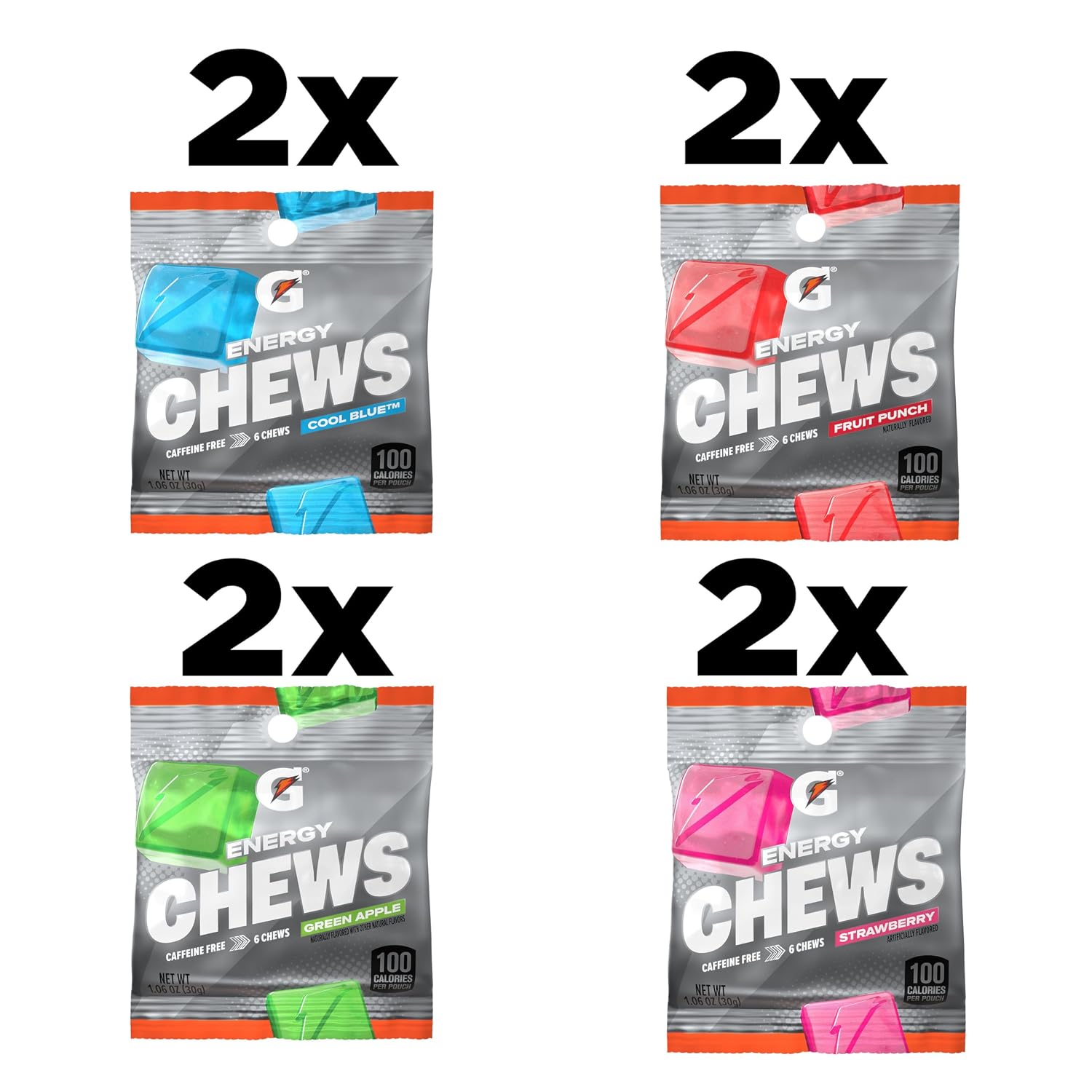 Gatorade Energy Chews, 4 Flavor Variety Pack, 1.06 oz Pouches, (8 Pack)