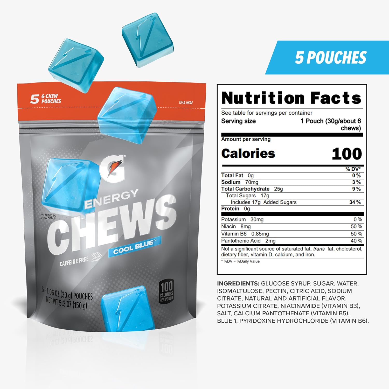 Gatorade Energy Chews, Cool Blue, Caffeine Free, B12, 100 Calorie Pouches, (5 Pack)